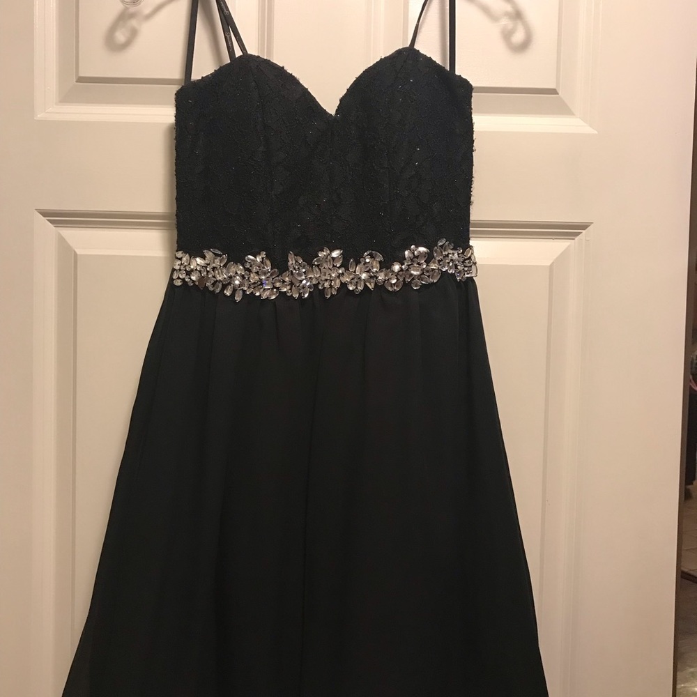 Strapless black dress chiffon w rhinestones